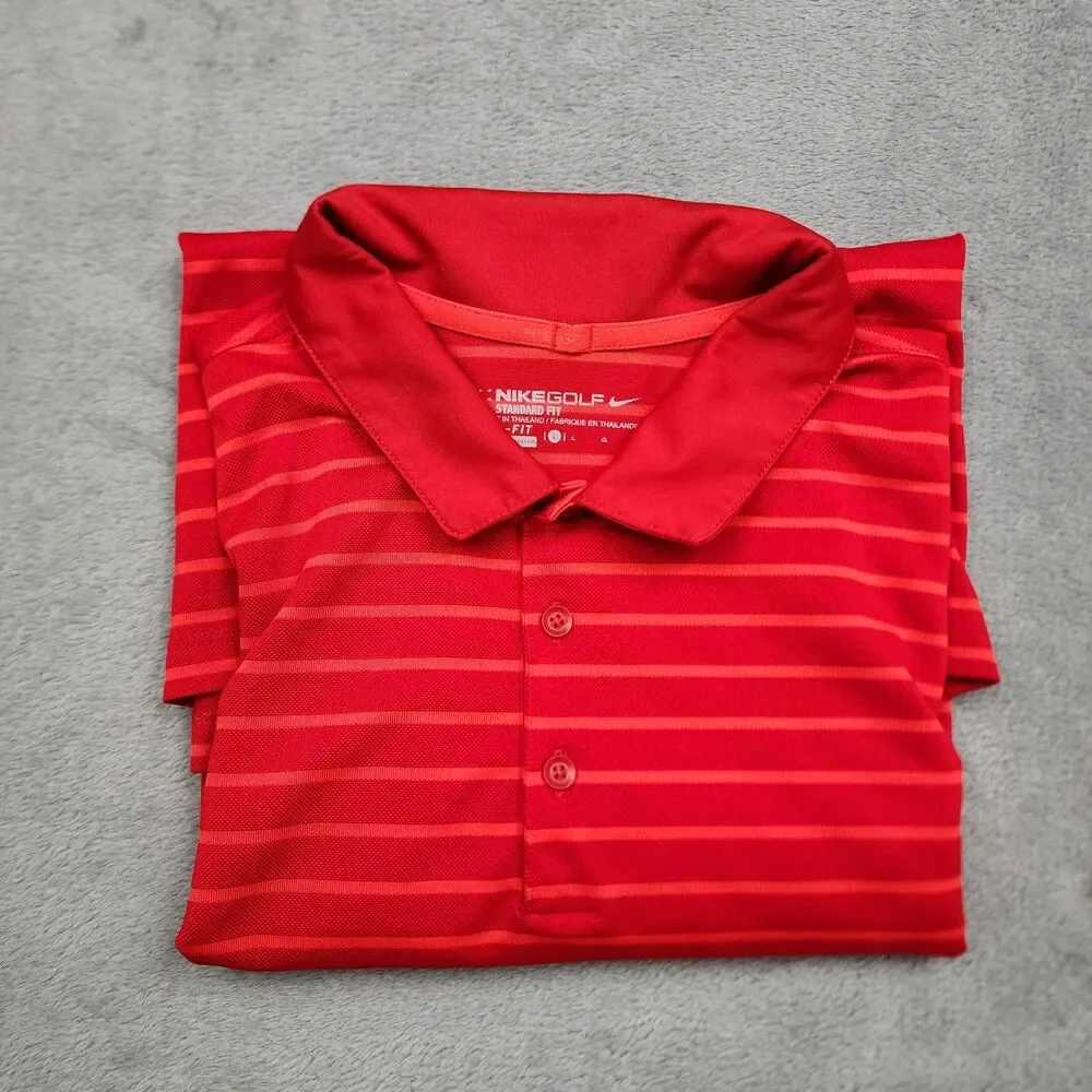 Nike Golf Mens L Red Striped Polo Dri Fit Standard Fit 100% Polyester Shirt